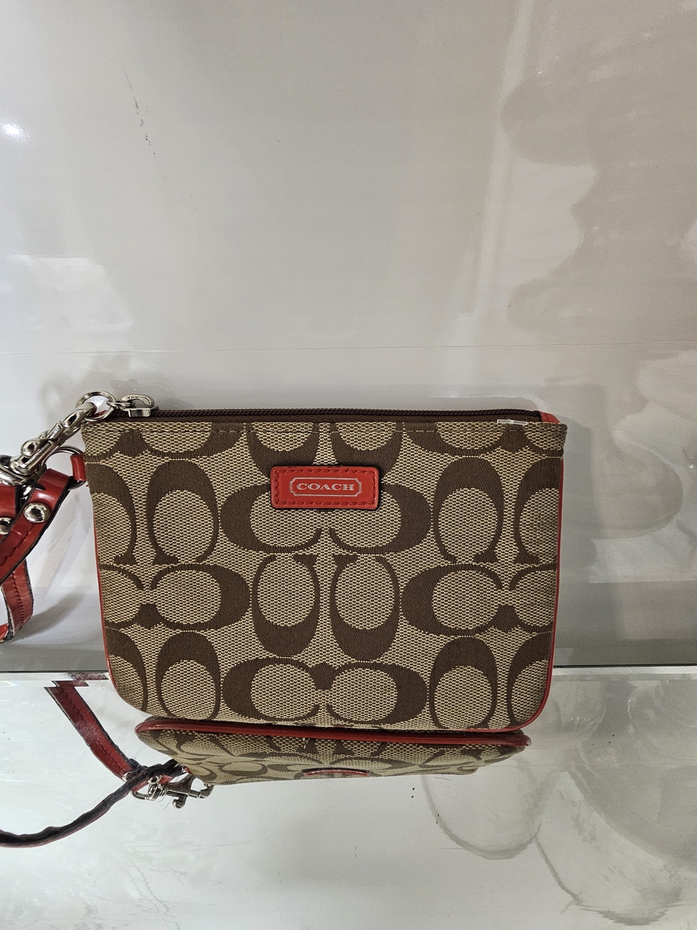 Coach Brown Signature Canvas Wristlet with Red Trim
